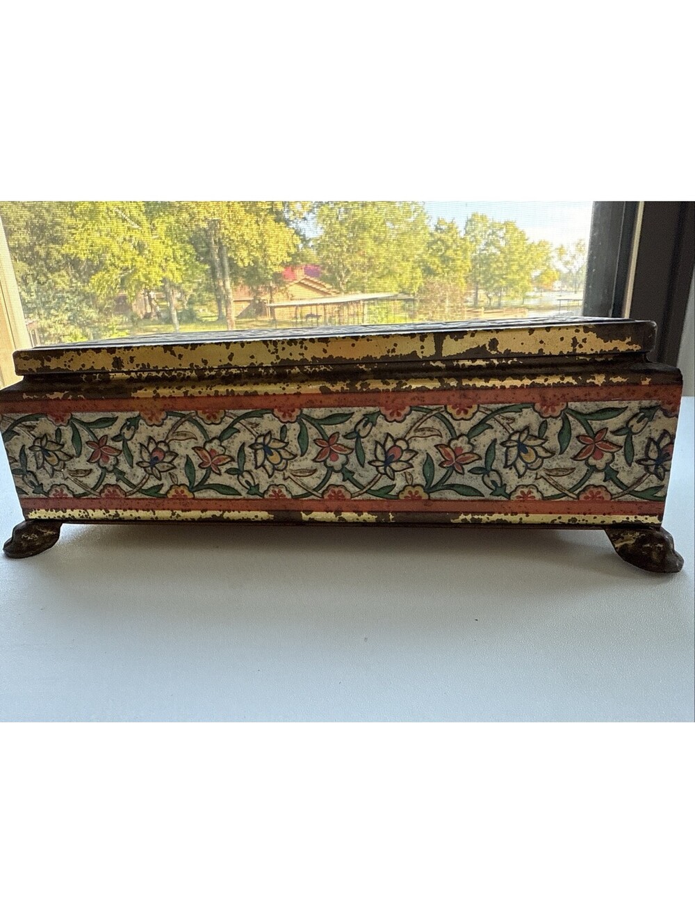 Vintage Fricke & Nacke Western Germany Footed Tin Box 9” • Floral Birds Design